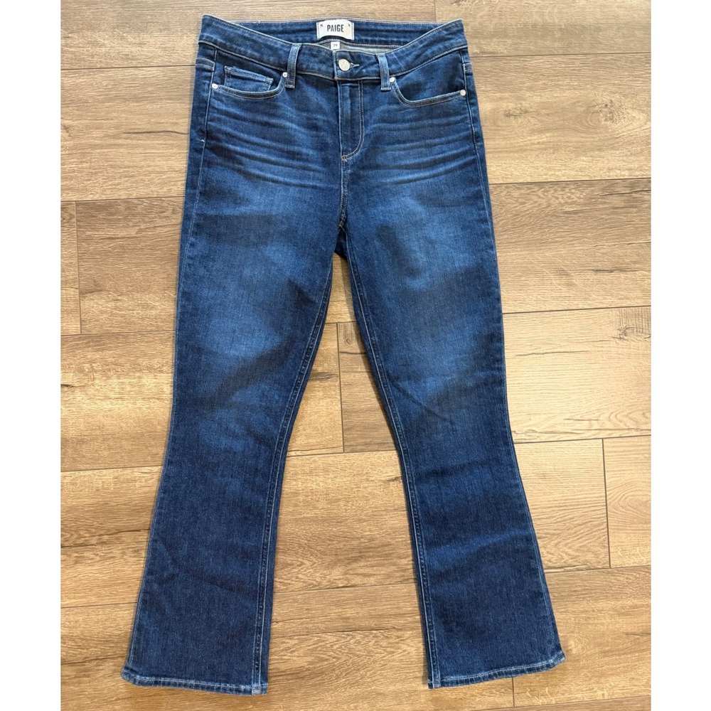 PAIGE Shelby Mid Rise Cropped Flare Dark Wash Jeans Size 29 Indigo Stretch Denim